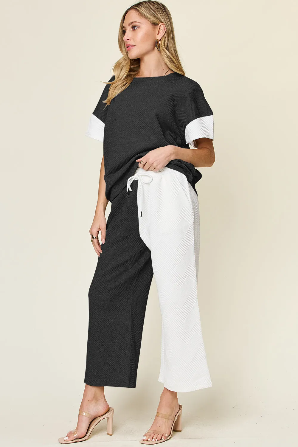4 Colors* Boujie Babe Textured Contrast T-Shirt and Wide Leg Pants Set