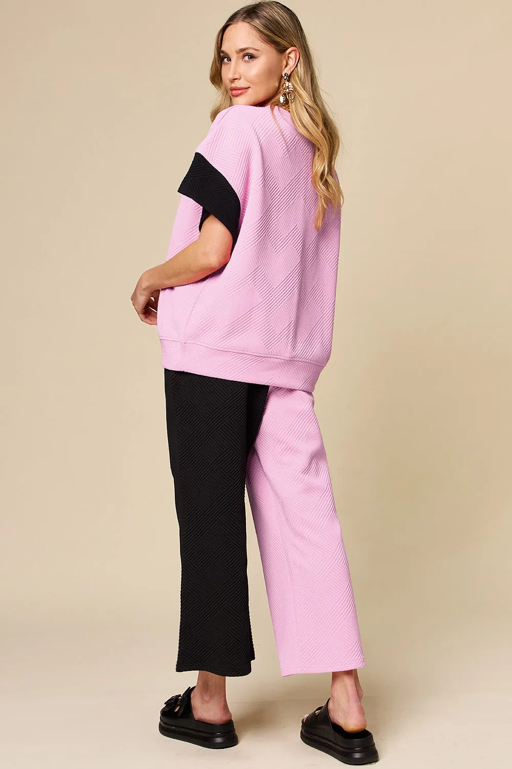 4 Colors* Boujie Babe Textured Contrast T-Shirt and Wide Leg Pants Set