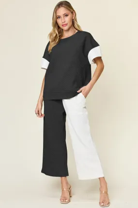 4 Colors* Boujie Babe Textured Contrast T-Shirt and Wide Leg Pants Set
