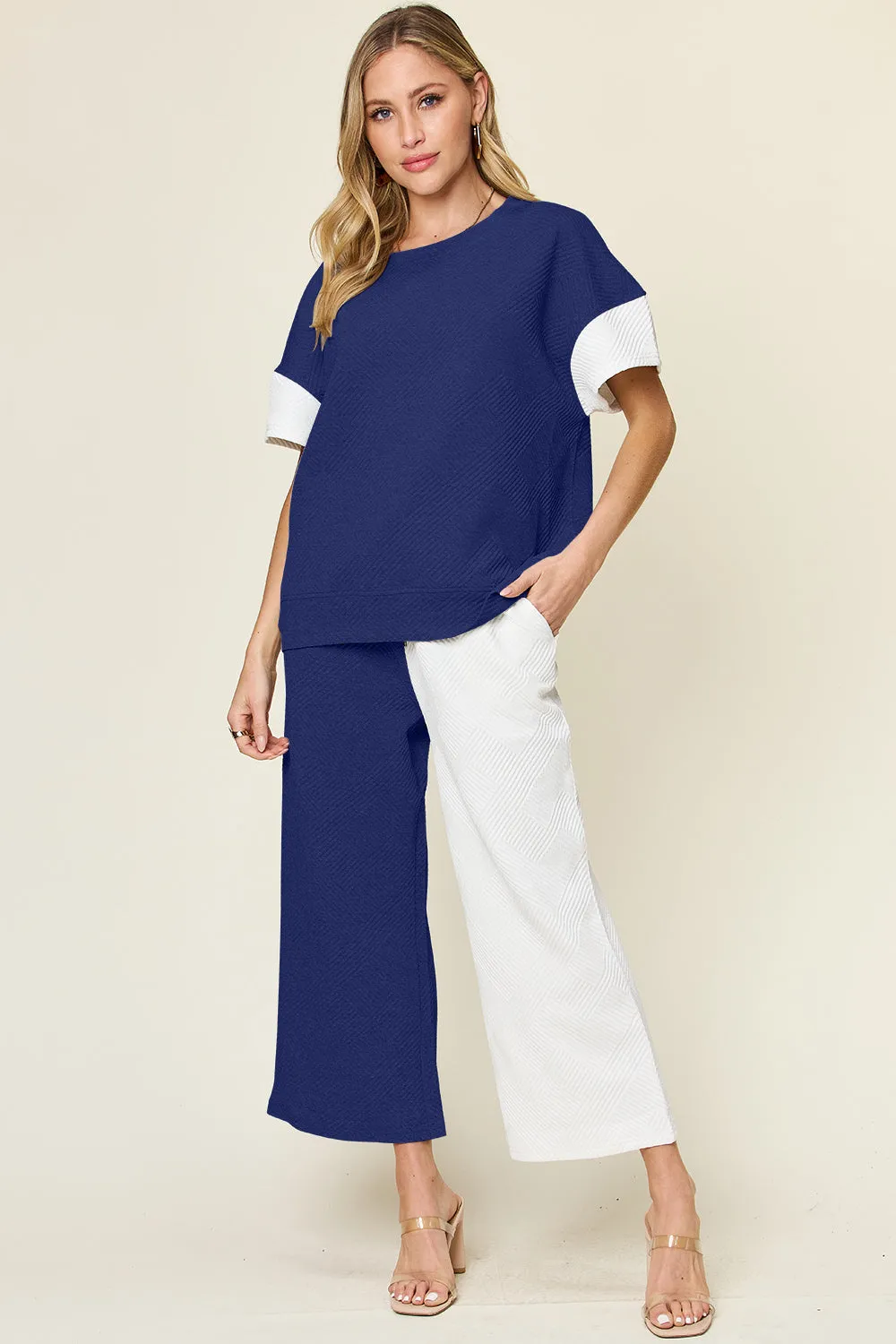 4 Colors* Boujie Babe Textured Contrast T-Shirt and Wide Leg Pants Set