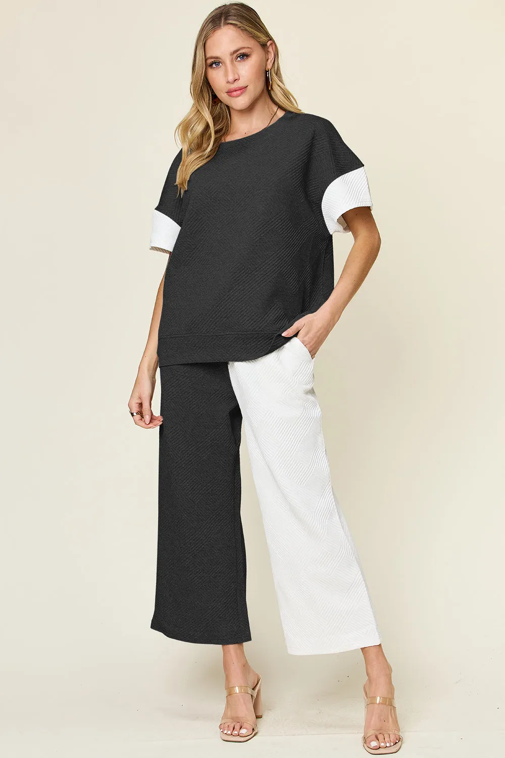 4 Colors* Boujie Babe Textured Contrast T-Shirt and Wide Leg Pants Set