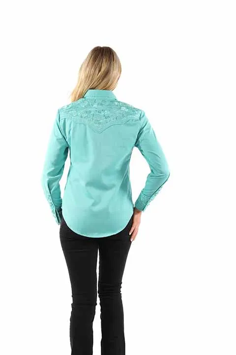 Aqua Floral Embroidered Yoke Western Blouse for Women Scully Bourbon Cowgirl