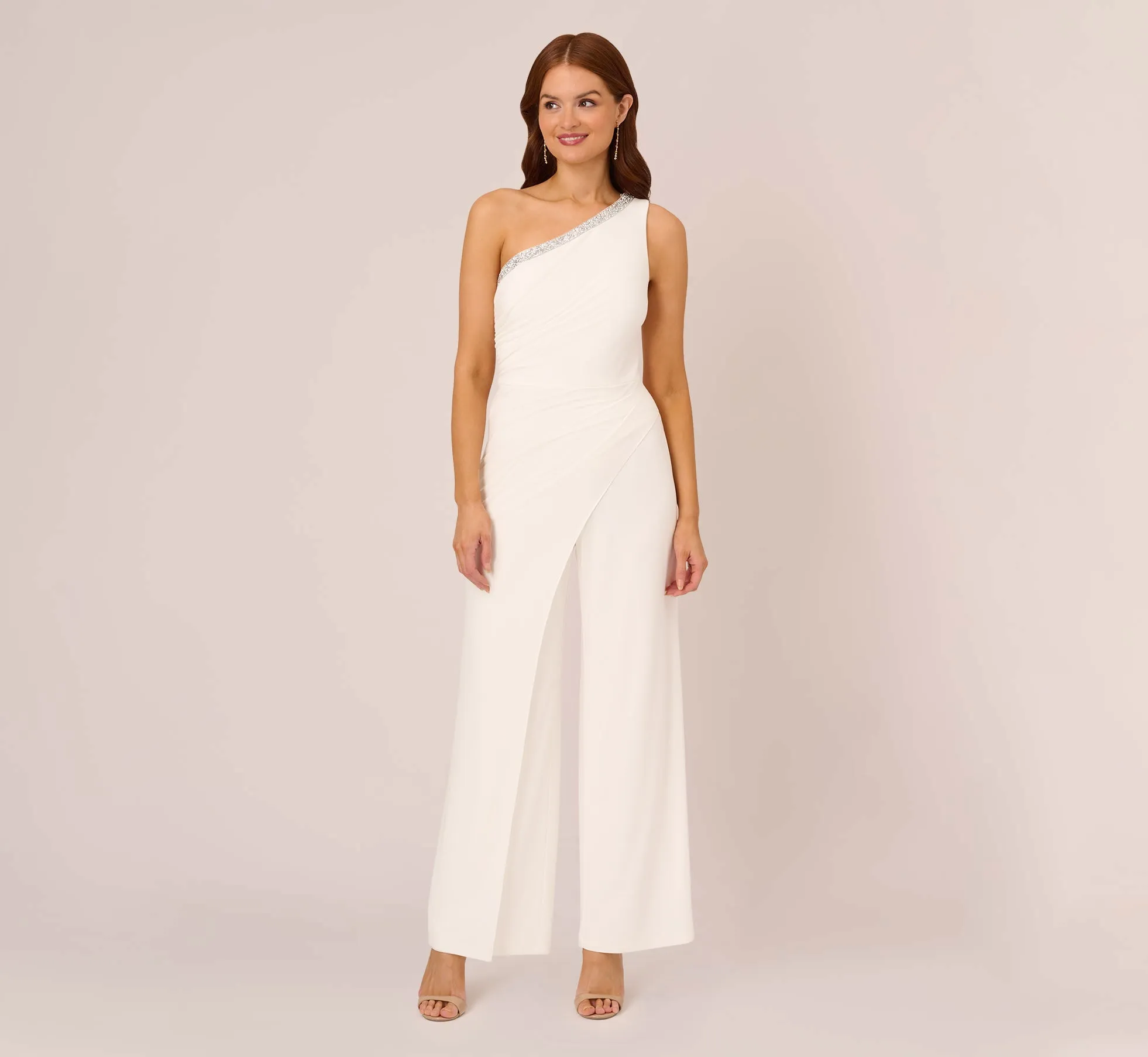 Beaded One-Shoulder Matte Jersey Jumpsuit In Ivory