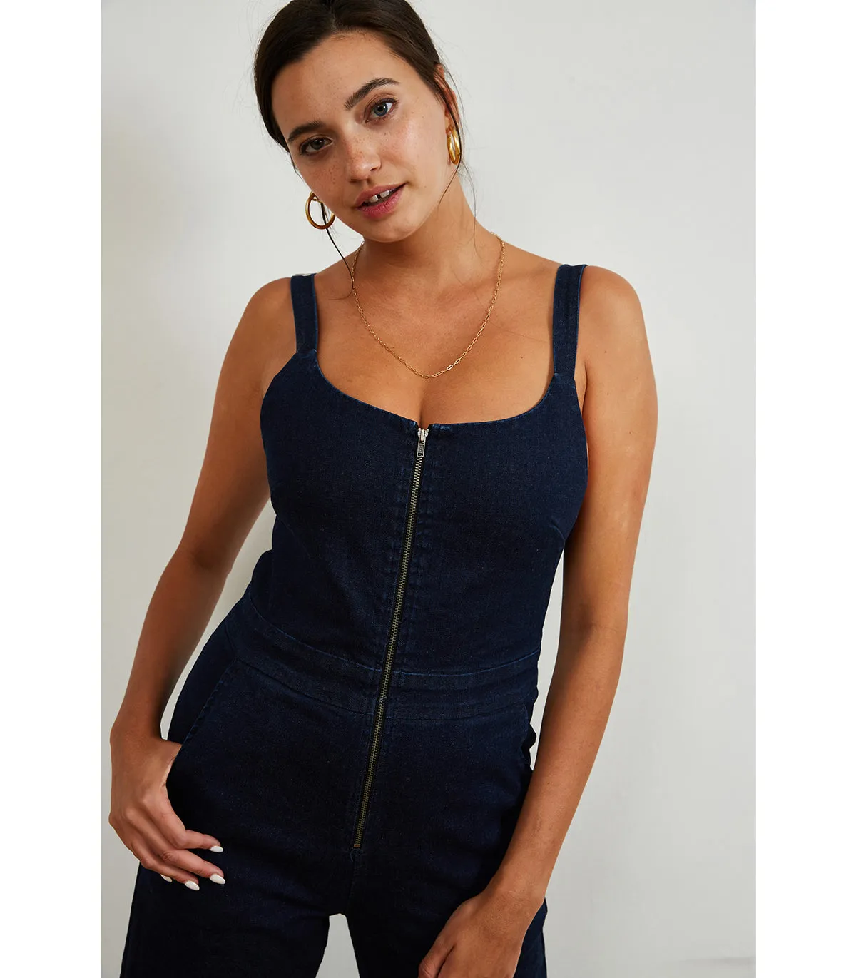 Billy Zip Front Wide Leg Jumpsuit - Dark Indigo
