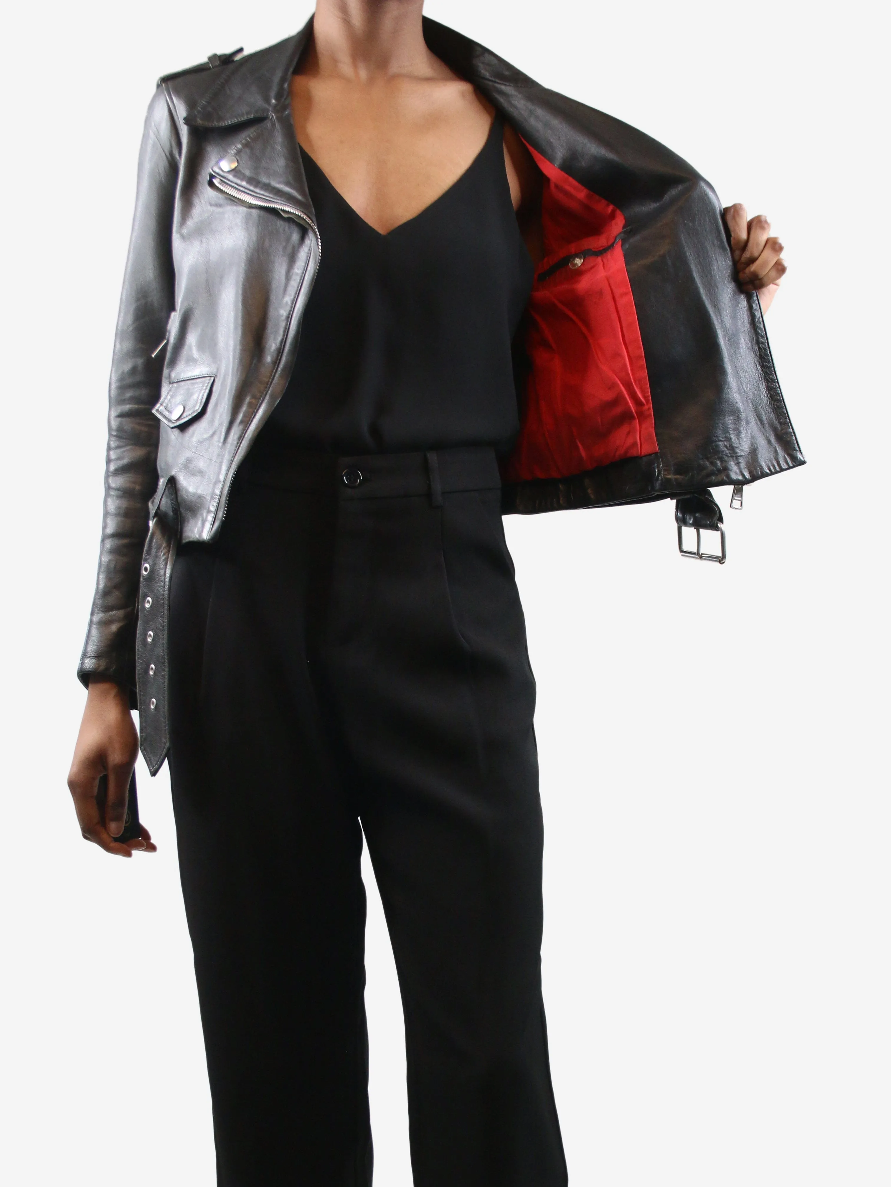 Black belted leather jacket - size UK 4