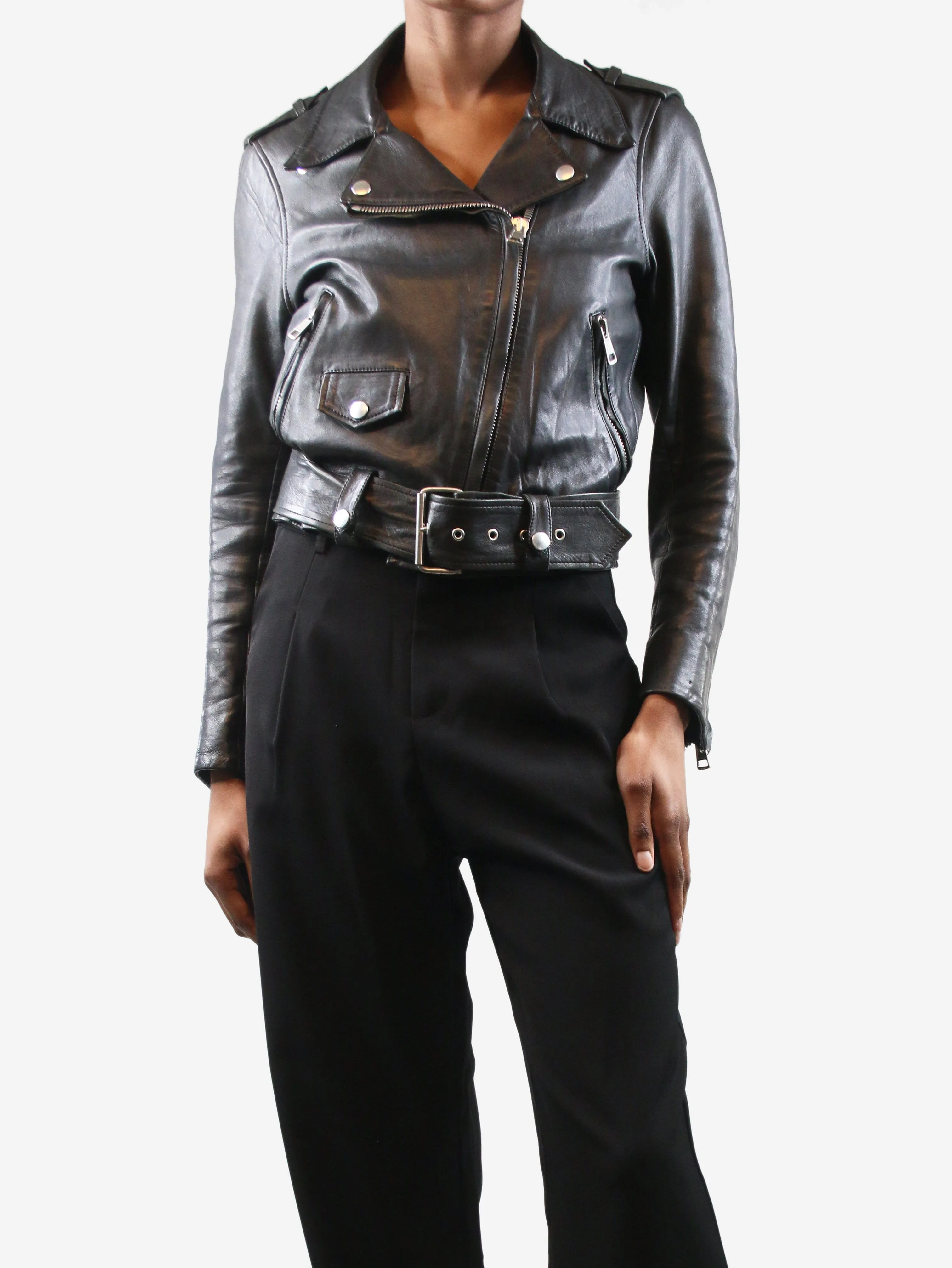 Black belted leather jacket - size UK 4
