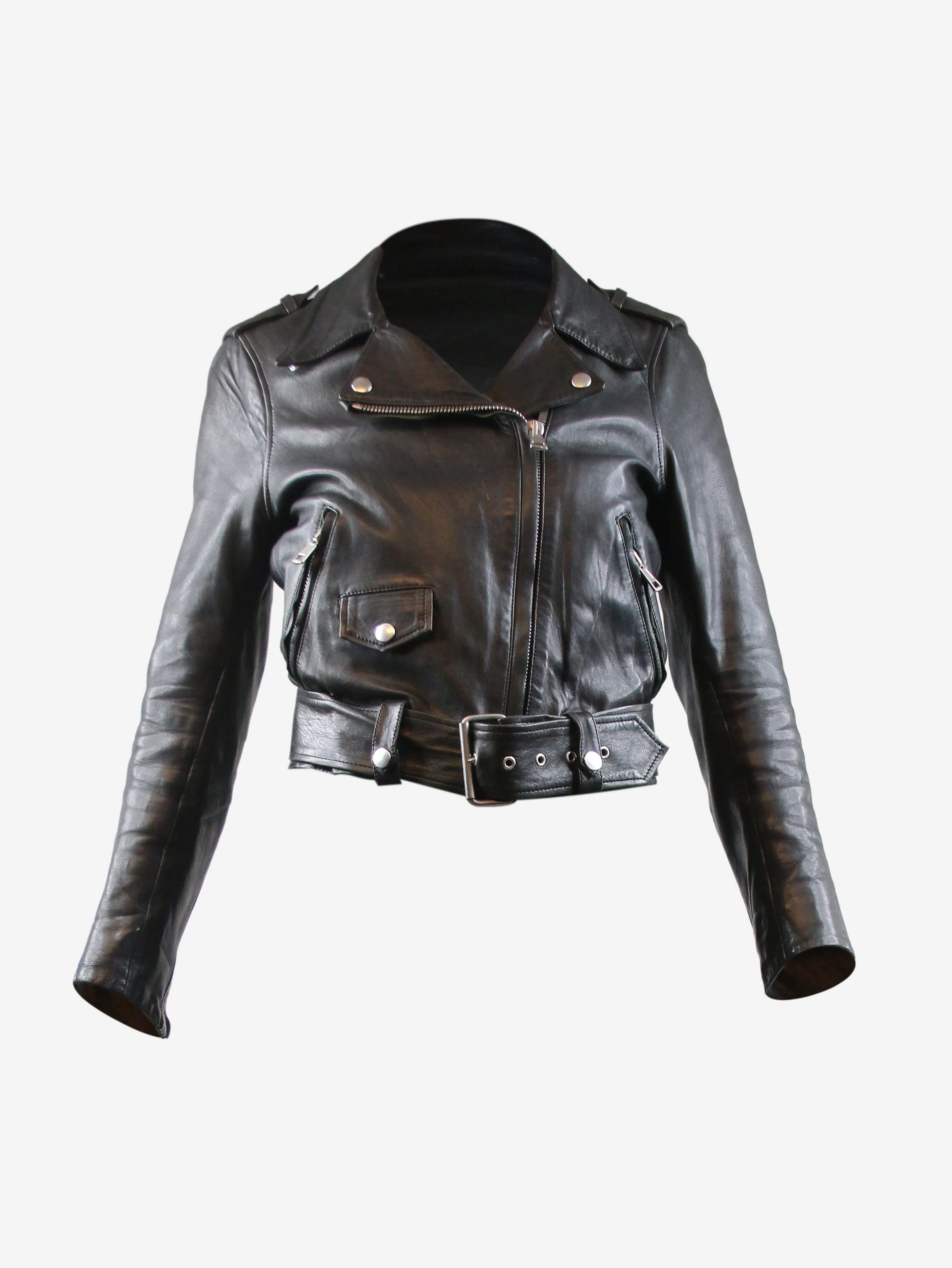 Black belted leather jacket - size UK 4