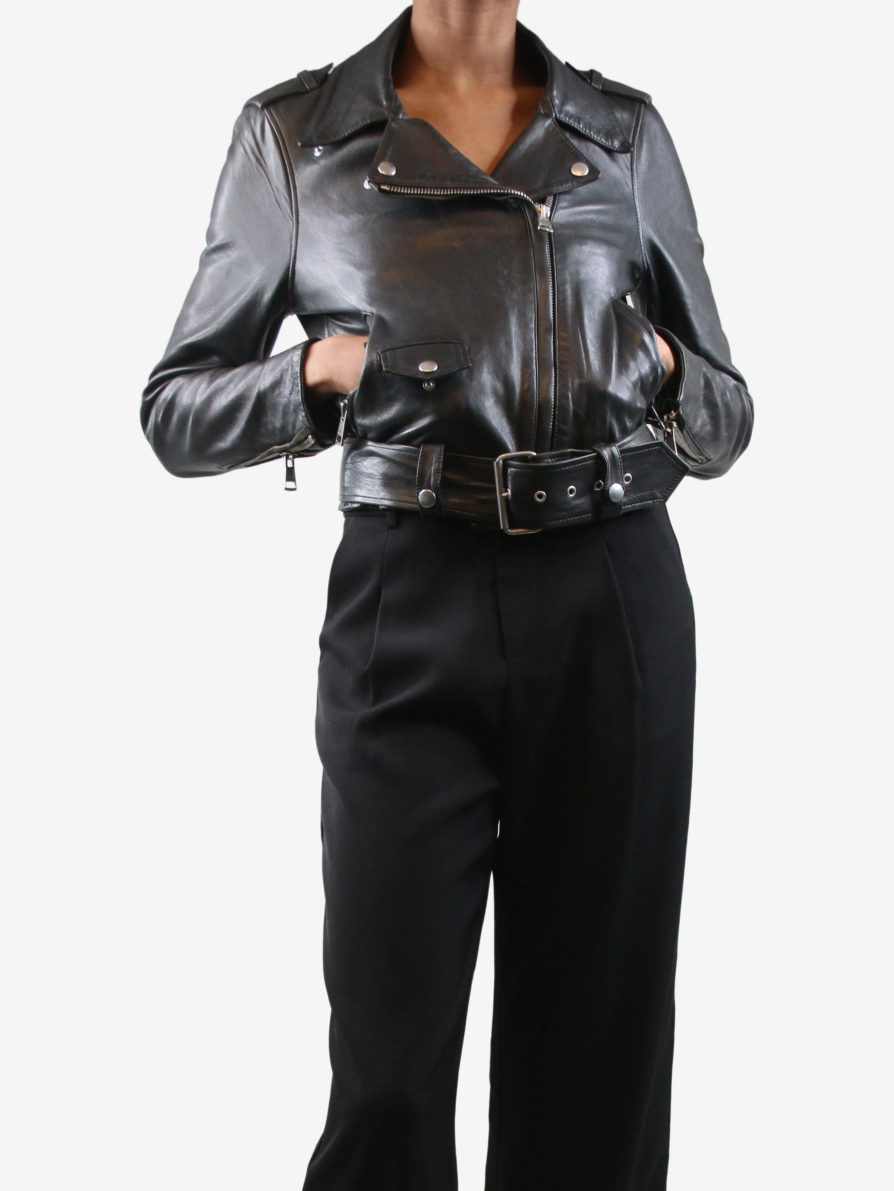 Black belted leather jacket - size UK 4