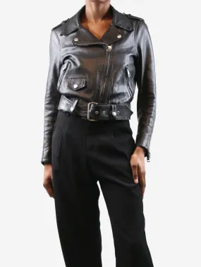Black belted leather jacket - size UK 4