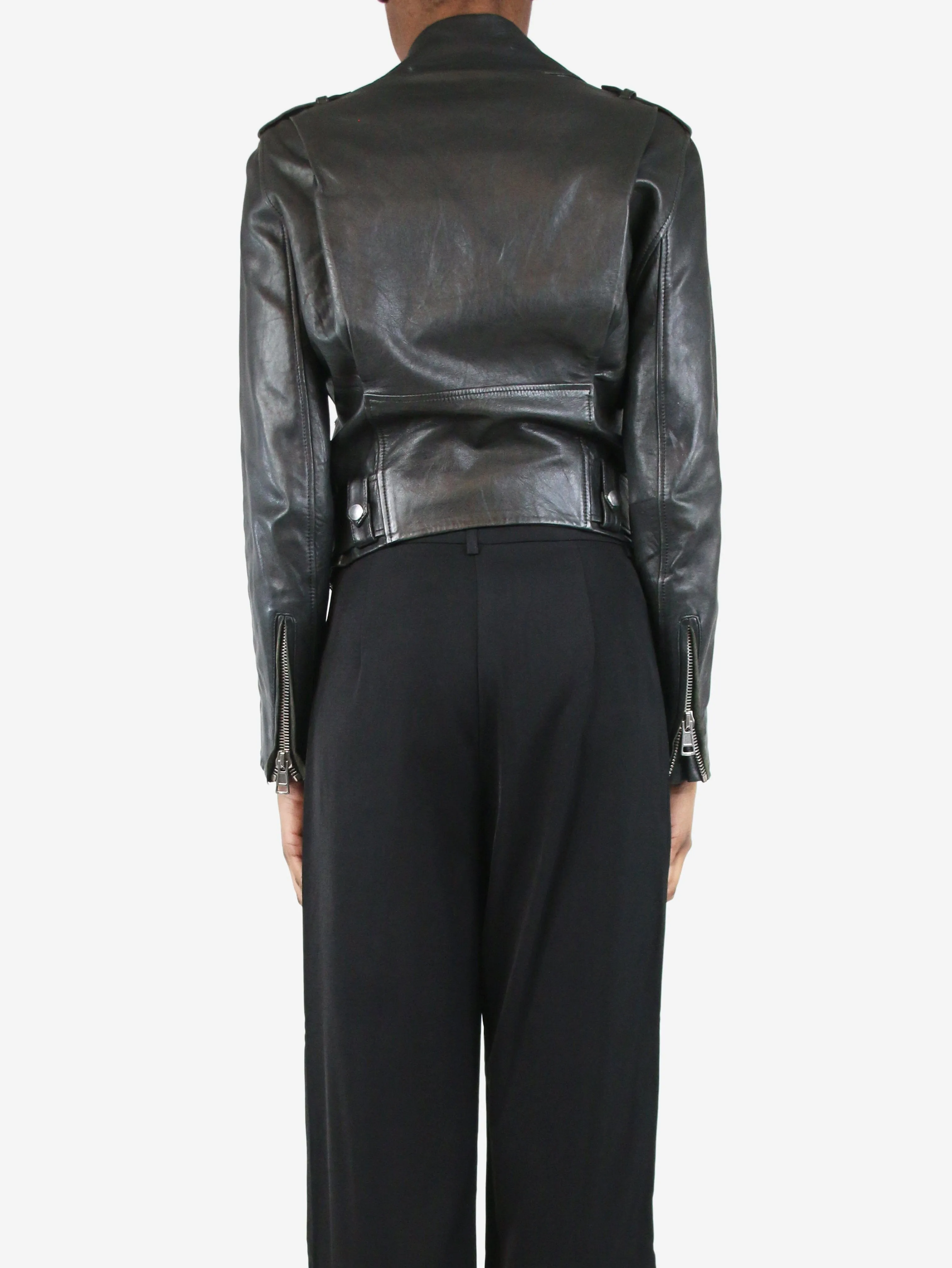 Black belted leather jacket - size UK 4