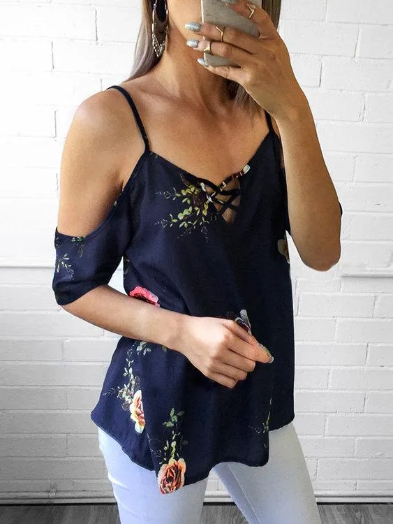 Blouse Imprimée à Bretelles Réglables à Col-V