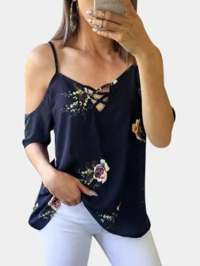 Blouse Imprimée à Bretelles Réglables à Col-V