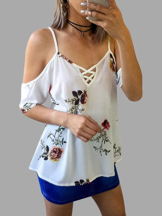 Blouse Imprimée à Bretelles Réglables à Col-V