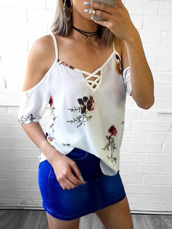 Blouse Imprimée à Bretelles Réglables à Col-V