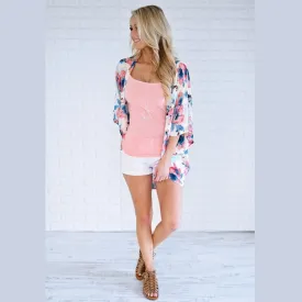Blueberry Blue and Pink Floral Print Kimono Blouse