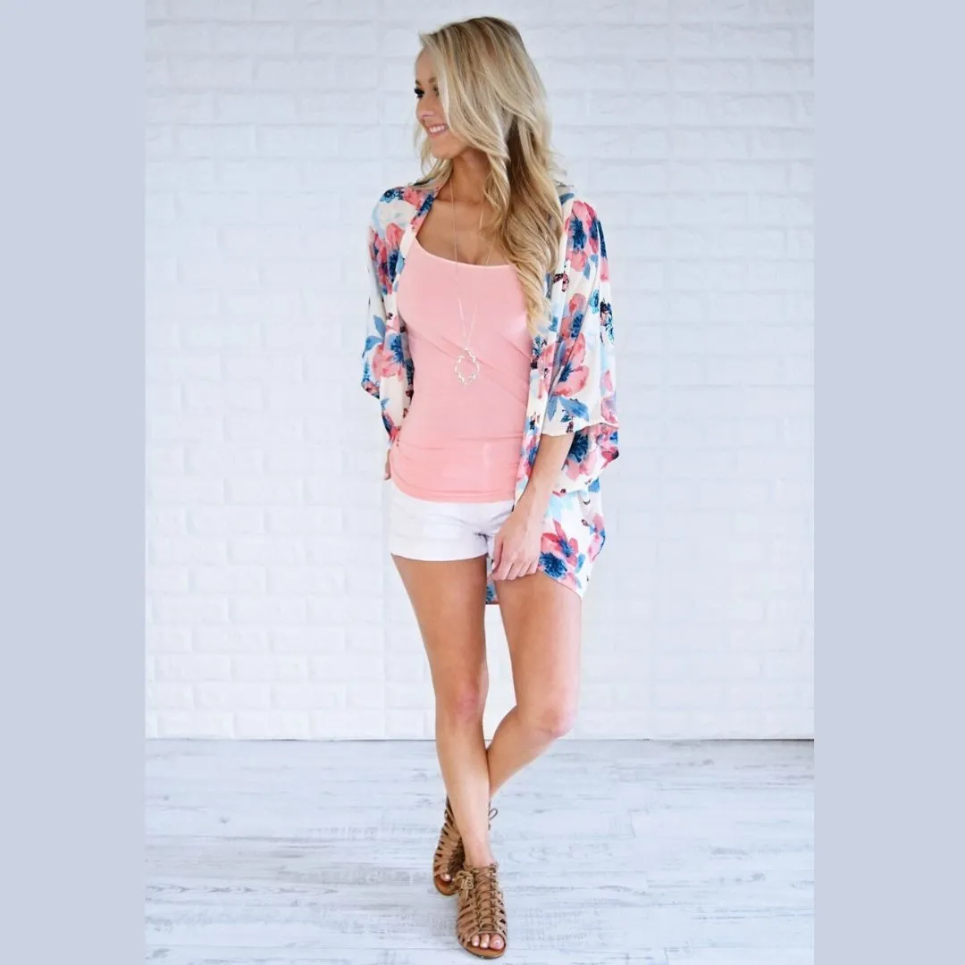 Blueberry Blue and Pink Floral Print Kimono Blouse