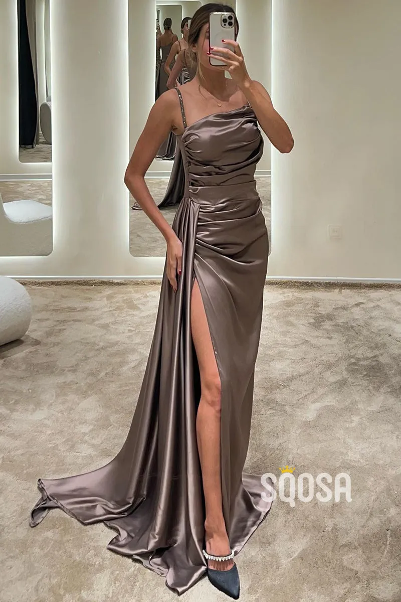 Chic & Modern Satin Pleats Spaghetti Straps Slit Simple Long Prom Dress QP1011