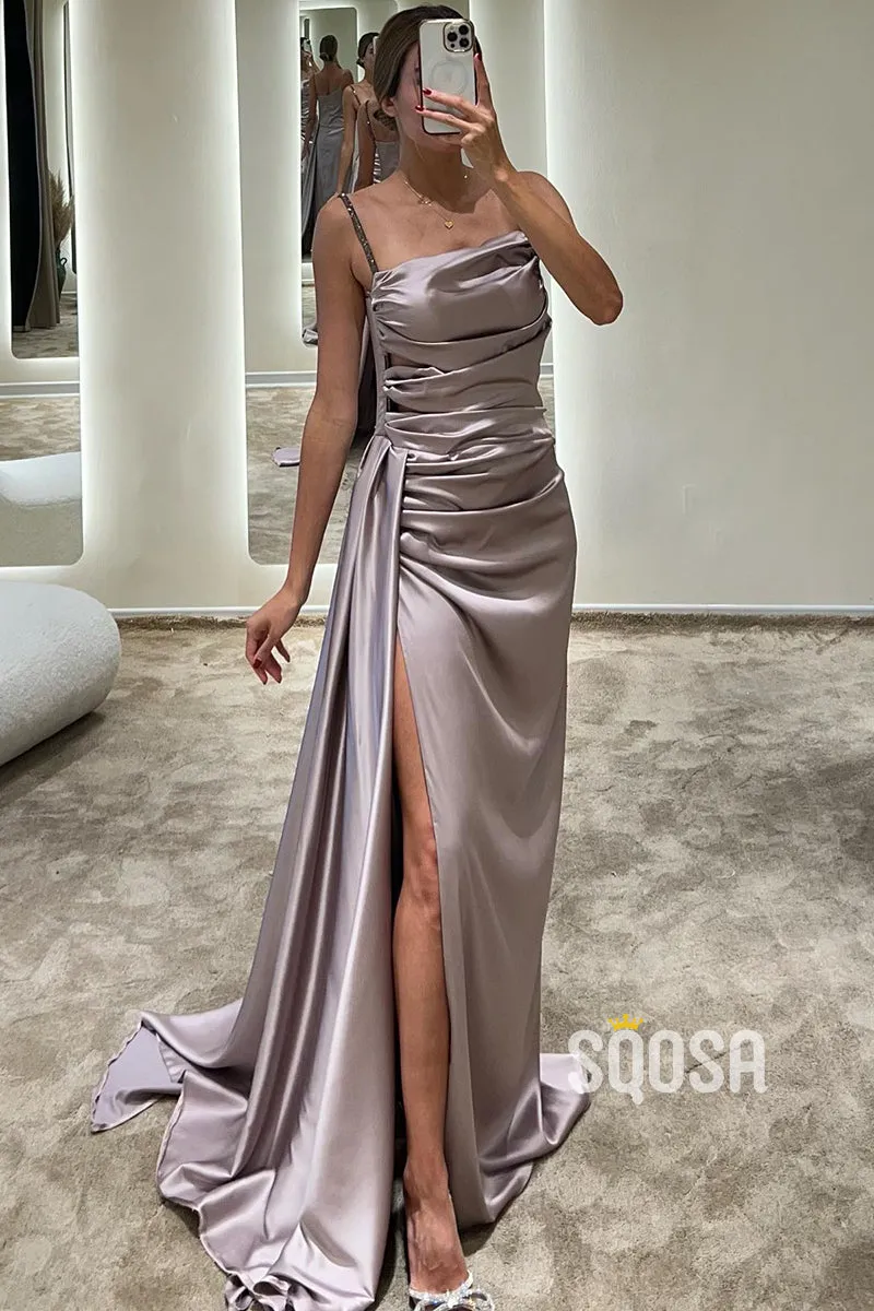 Chic & Modern Satin Pleats Spaghetti Straps Slit Simple Long Prom Dress QP1011