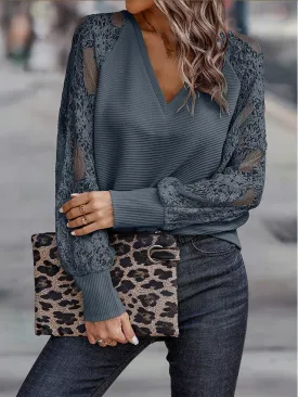 Classic V Neck Stylish Lace Long Sleeve Sweater Top