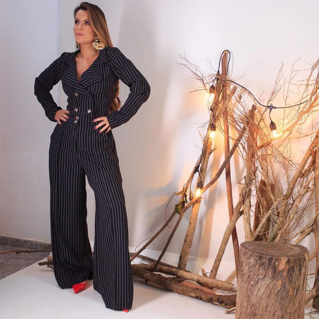 Conjunto calça e blazer cropped tecido alfaiataria risca de Giz - Maisa