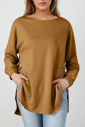 Crinkle Splicing Raw Hem High Low Oversized Blouse