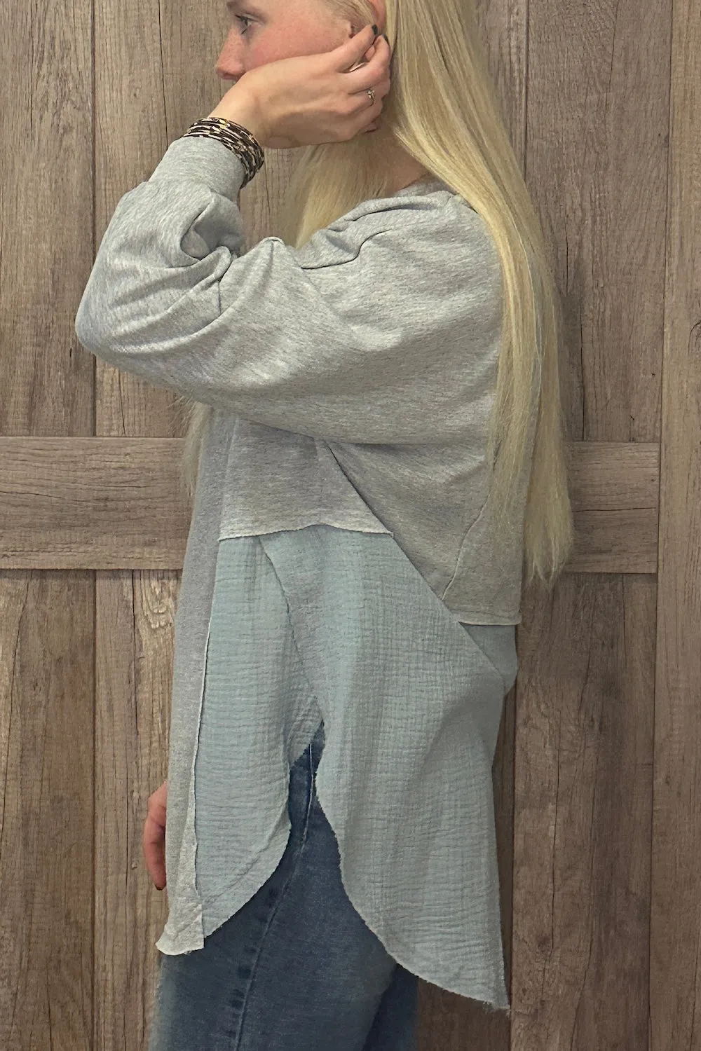 Crinkle Splicing Raw Hem High Low Oversized Blouse