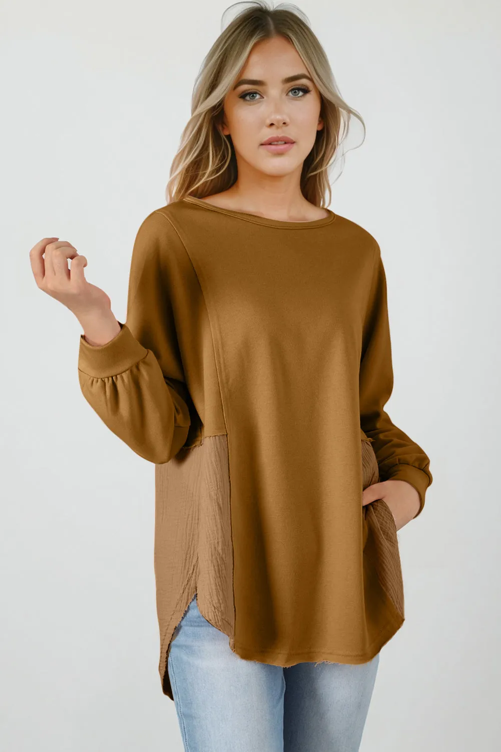 Crinkle Splicing Raw Hem High Low Oversized Blouse