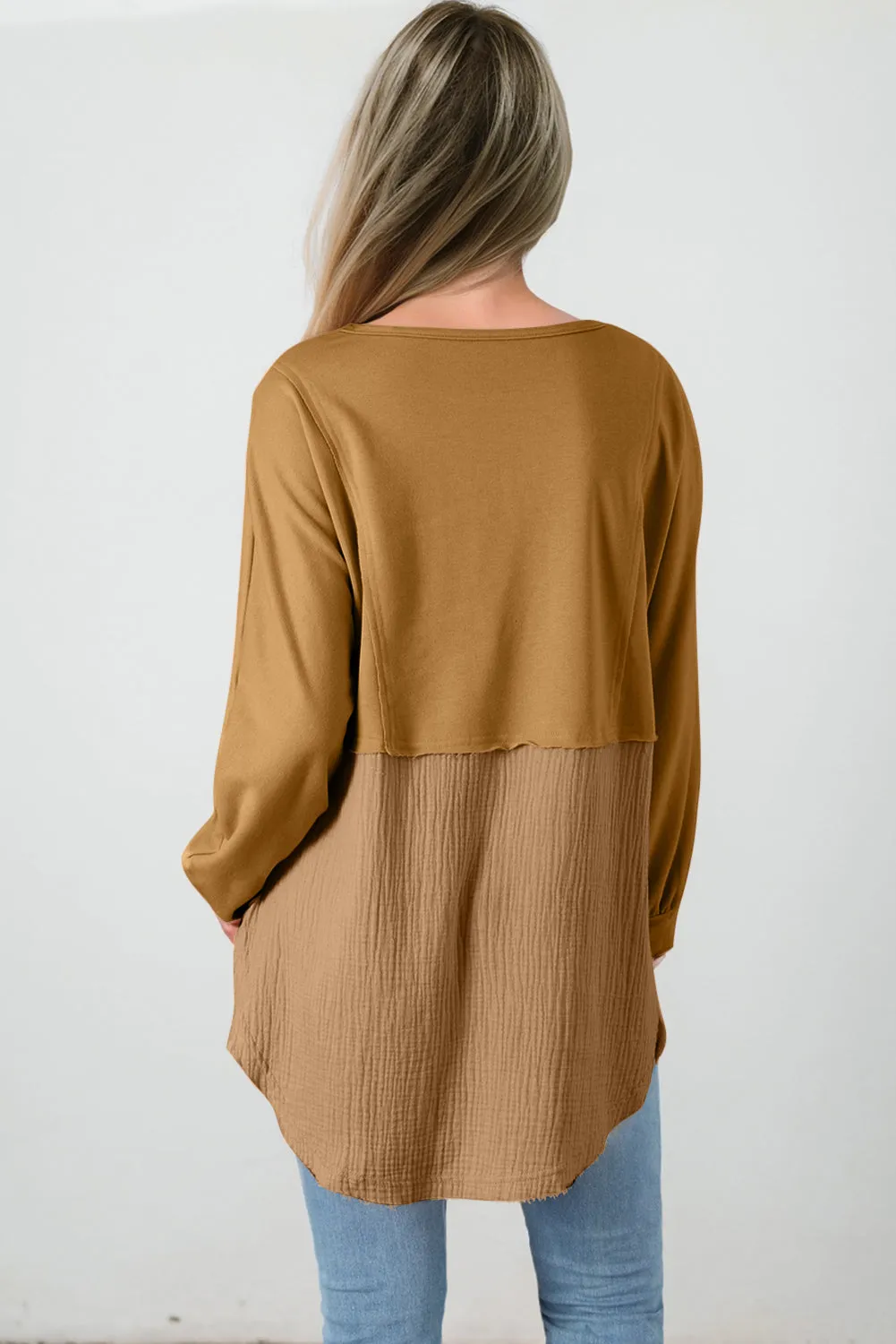 Crinkle Splicing Raw Hem High Low Oversized Blouse