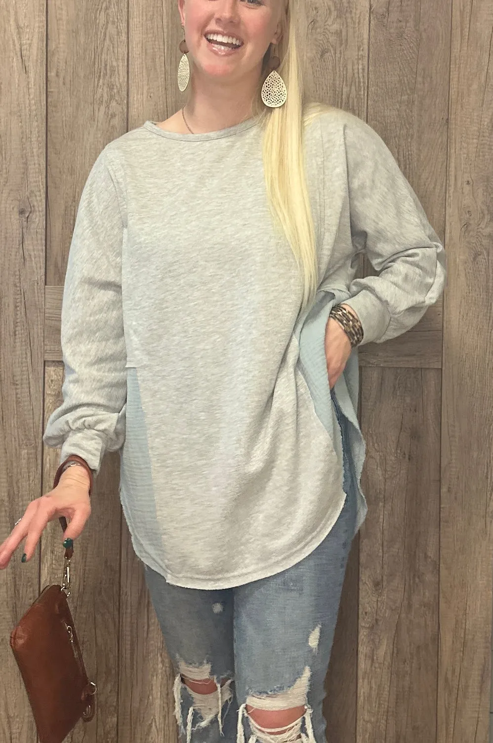 Crinkle Splicing Raw Hem High Low Oversized Blouse