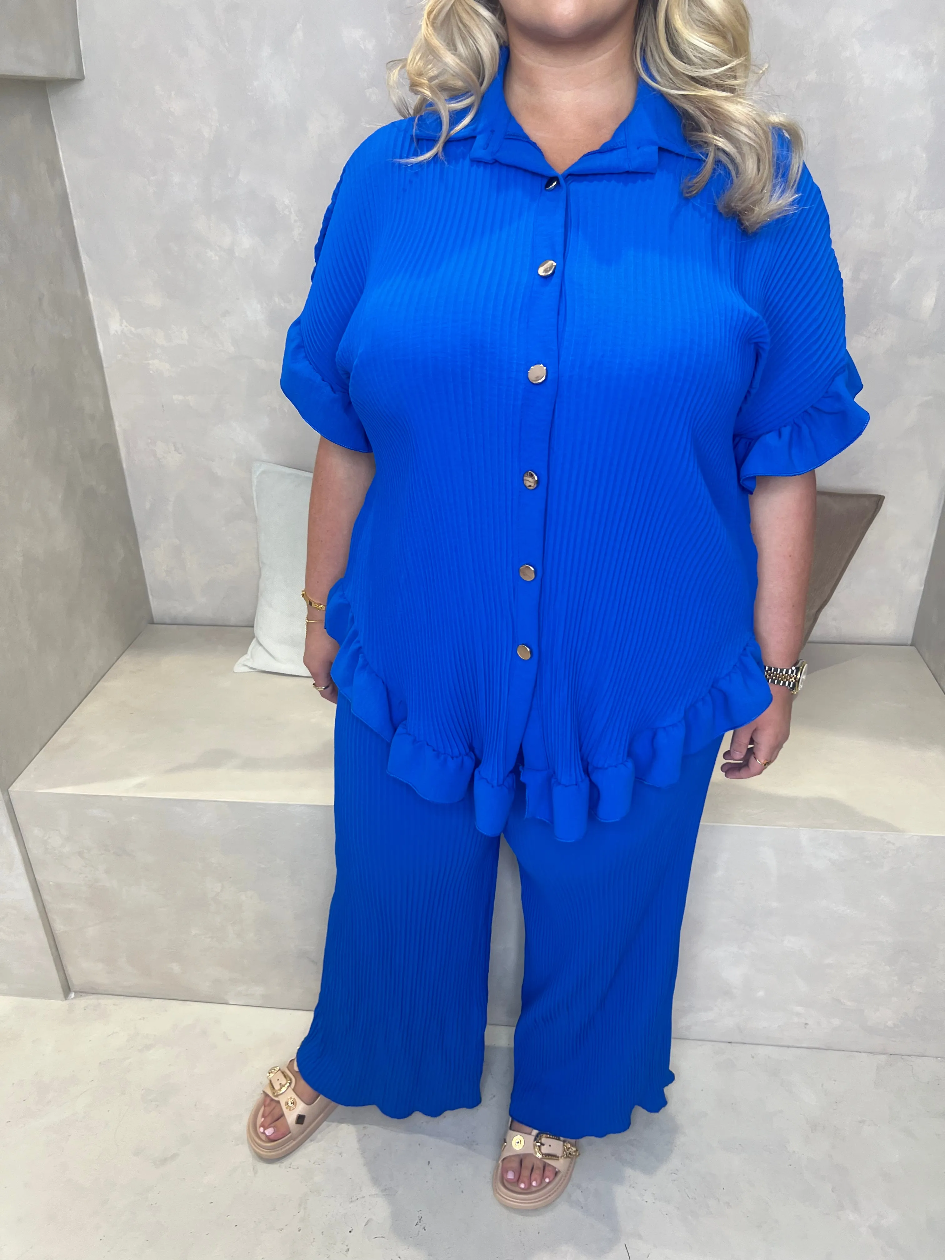 Curve Royal Ribbed Effect Wide Leg Trouser Set