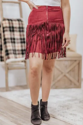 Delicate Love Suede Fringe Zip Up Mini Skirt in Burgundy