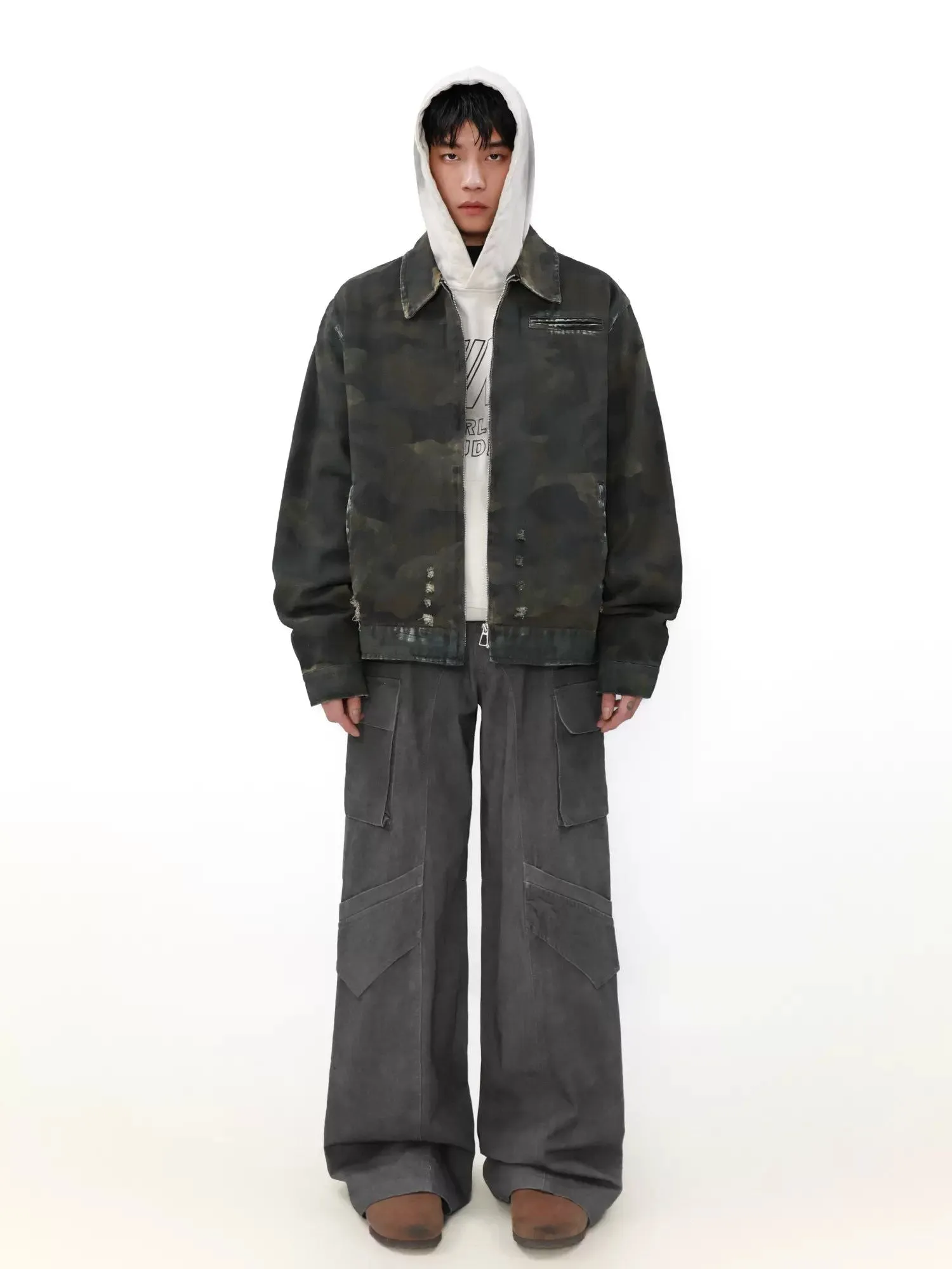 Distressed Camouflage PU Leather Jacket