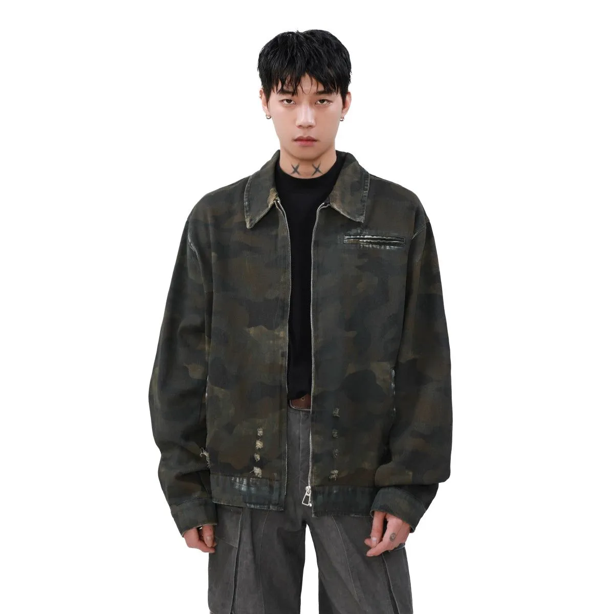 Distressed Camouflage PU Leather Jacket