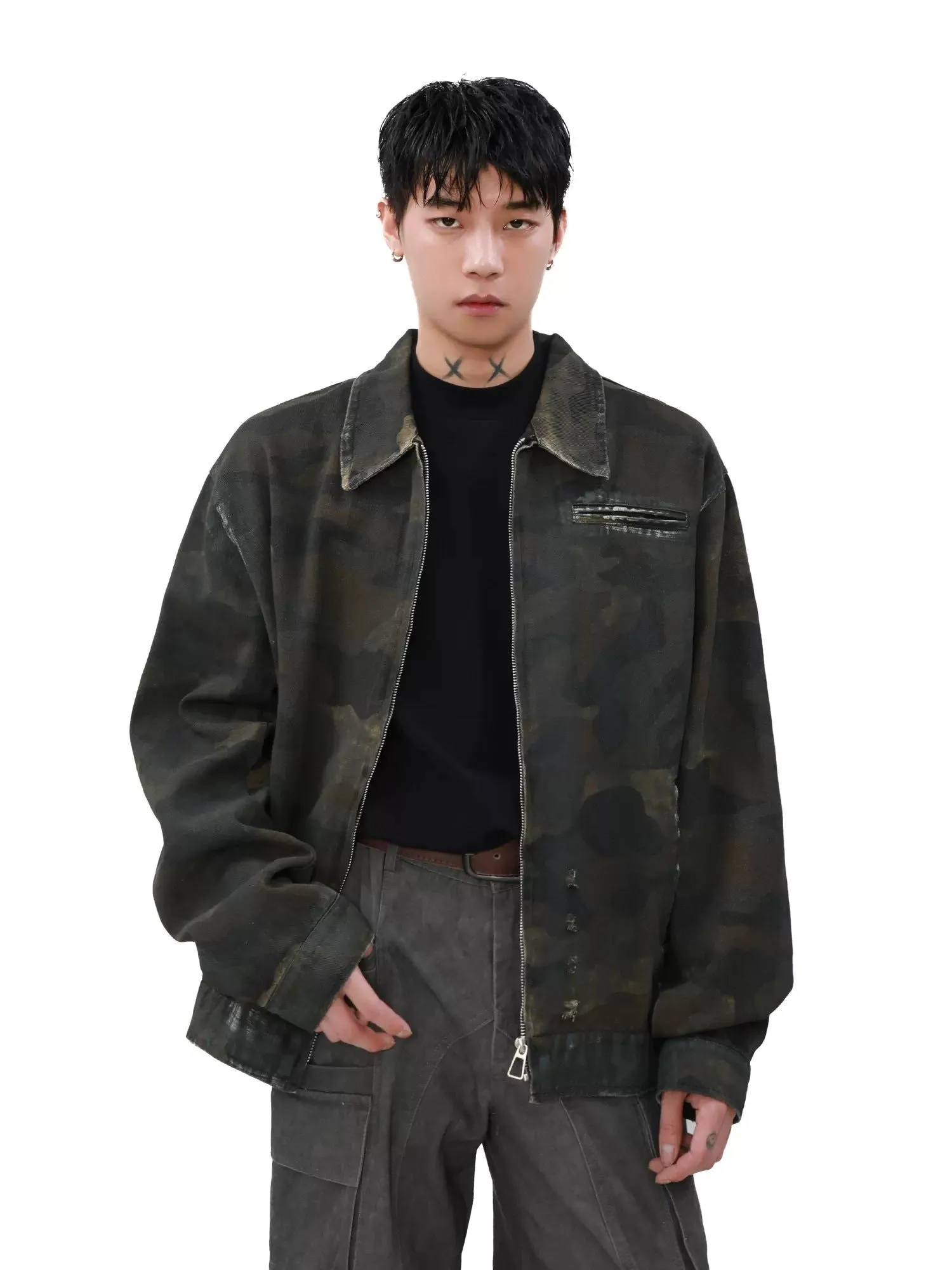 Distressed Camouflage PU Leather Jacket