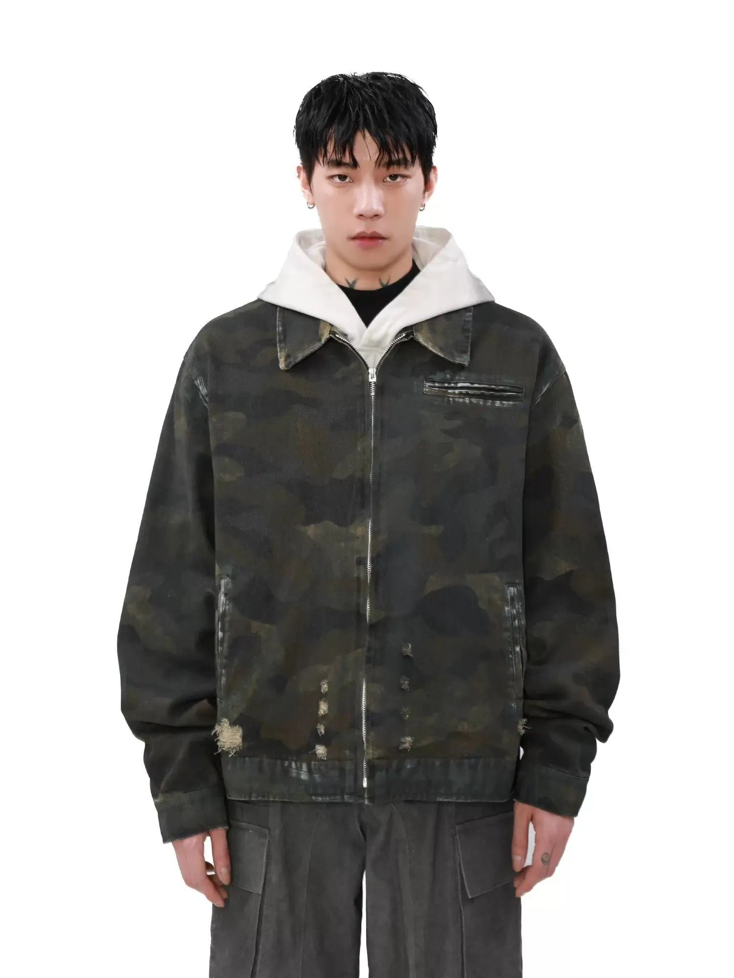 Distressed Camouflage PU Leather Jacket