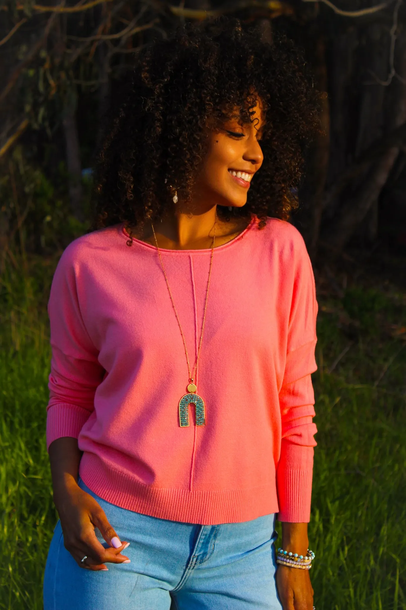 Dreamers Crew Neck Cropped Sweater - Coral