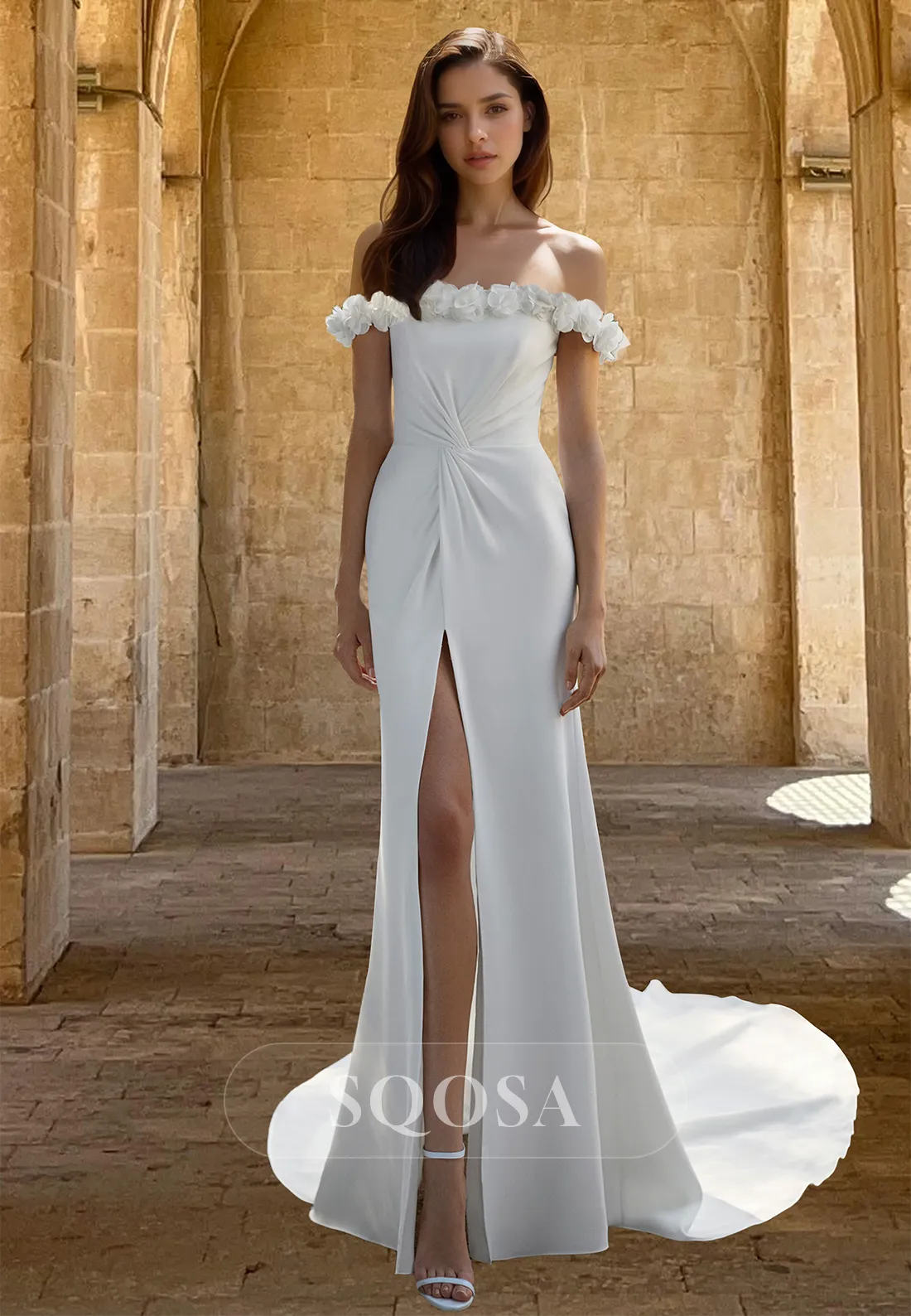 Floral Embossed Tube Top Off-Shoulder Mermaid Wedding Dress Pleated High Slit Bride Gowns with Train