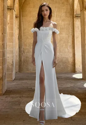 Floral Embossed Tube Top Off-Shoulder Mermaid Wedding Dress Pleated High Slit Bride Gowns with Train