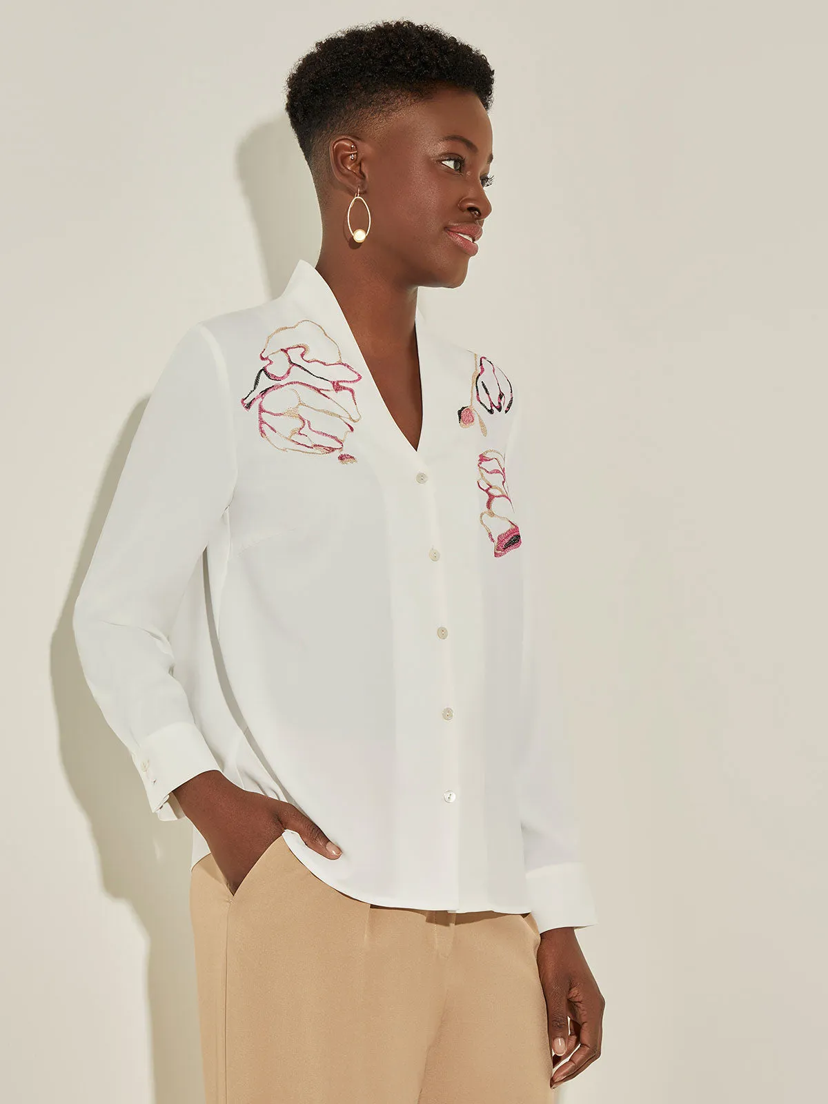 Floral Embroidered Button-Front Crepe Blouse