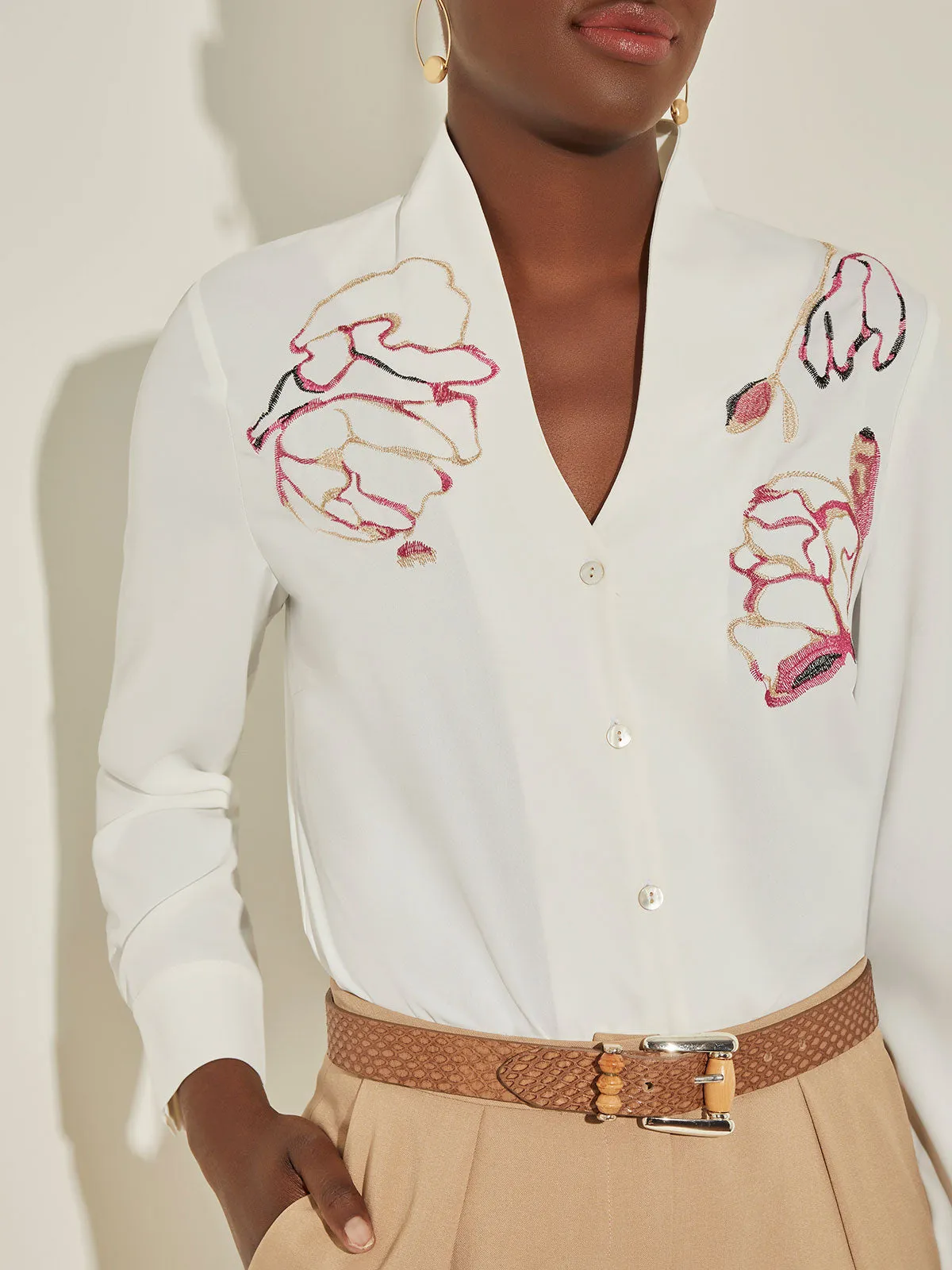Floral Embroidered Button-Front Crepe Blouse