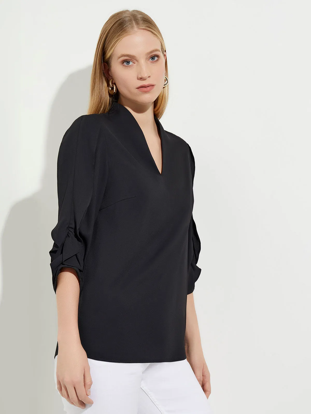 Gathered Tulip Sleeve Crepe de Chine Blouse, Black
