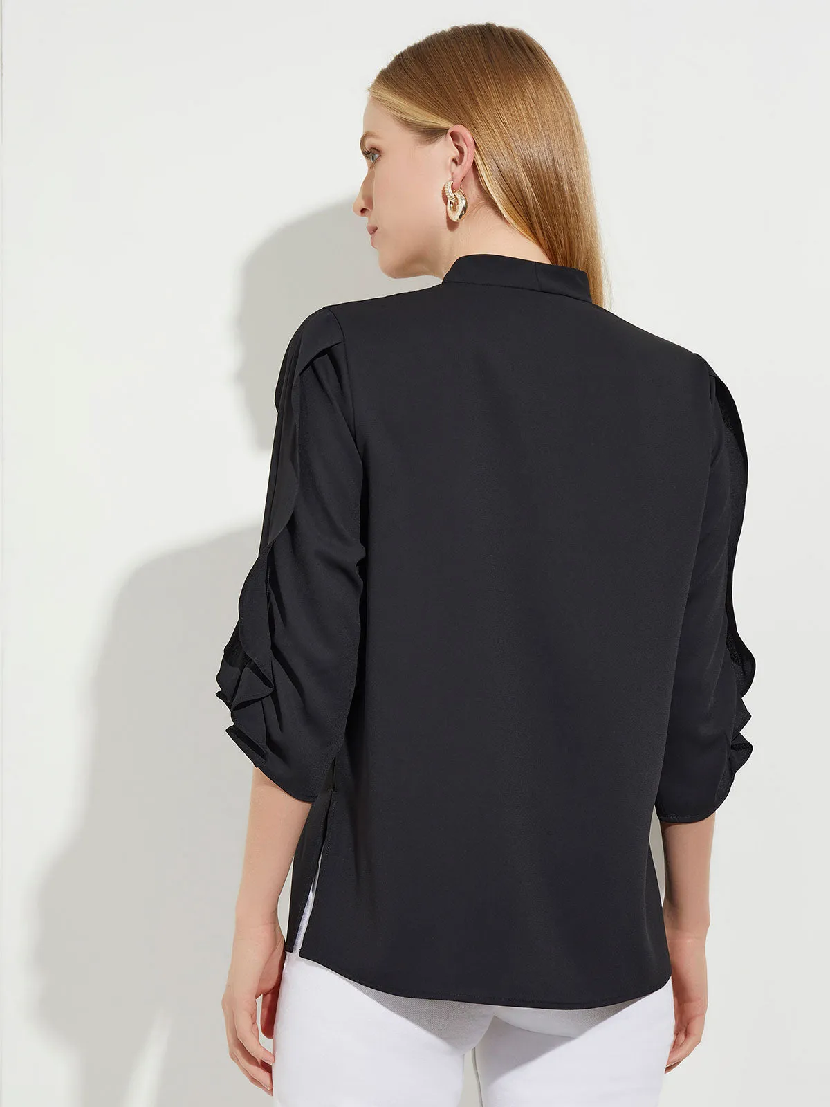 Gathered Tulip Sleeve Crepe de Chine Blouse, Black