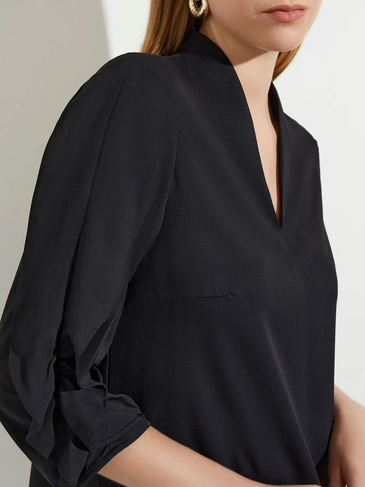 Gathered Tulip Sleeve Crepe de Chine Blouse, Black