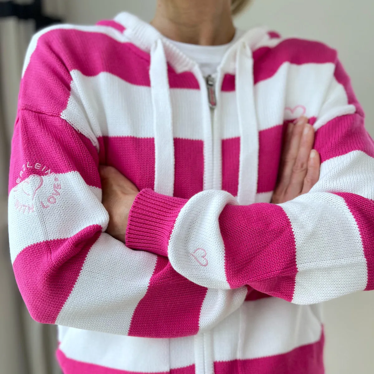 Herzlein® Strickjacke mit Streifen in Pink - Weiß