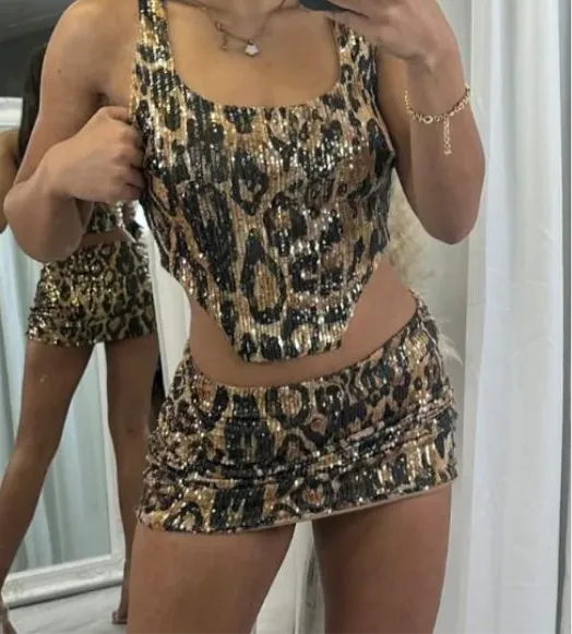 Leonie Leopard Sequin Crop Top & Ruched Skirt Co ord