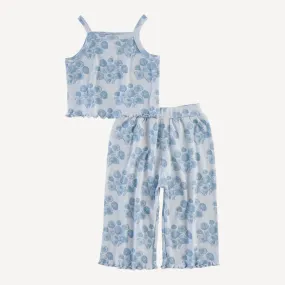 lettuce spaghetti strap cropped tank and cropped gaucho set | fog blue dahlia | organic cotton interlock