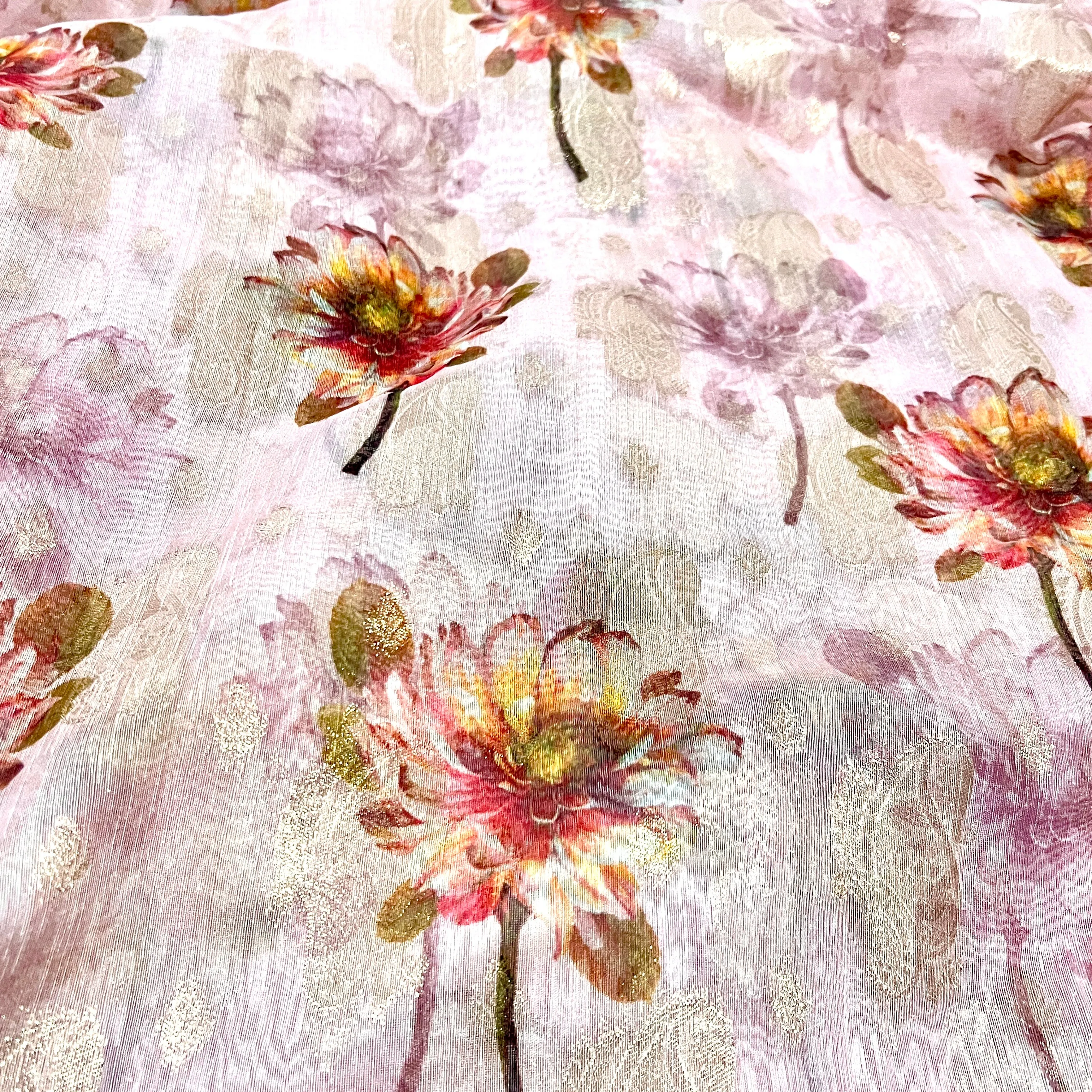 Light Pink Floral Kora Banarasi Saree with Stitched Blouse