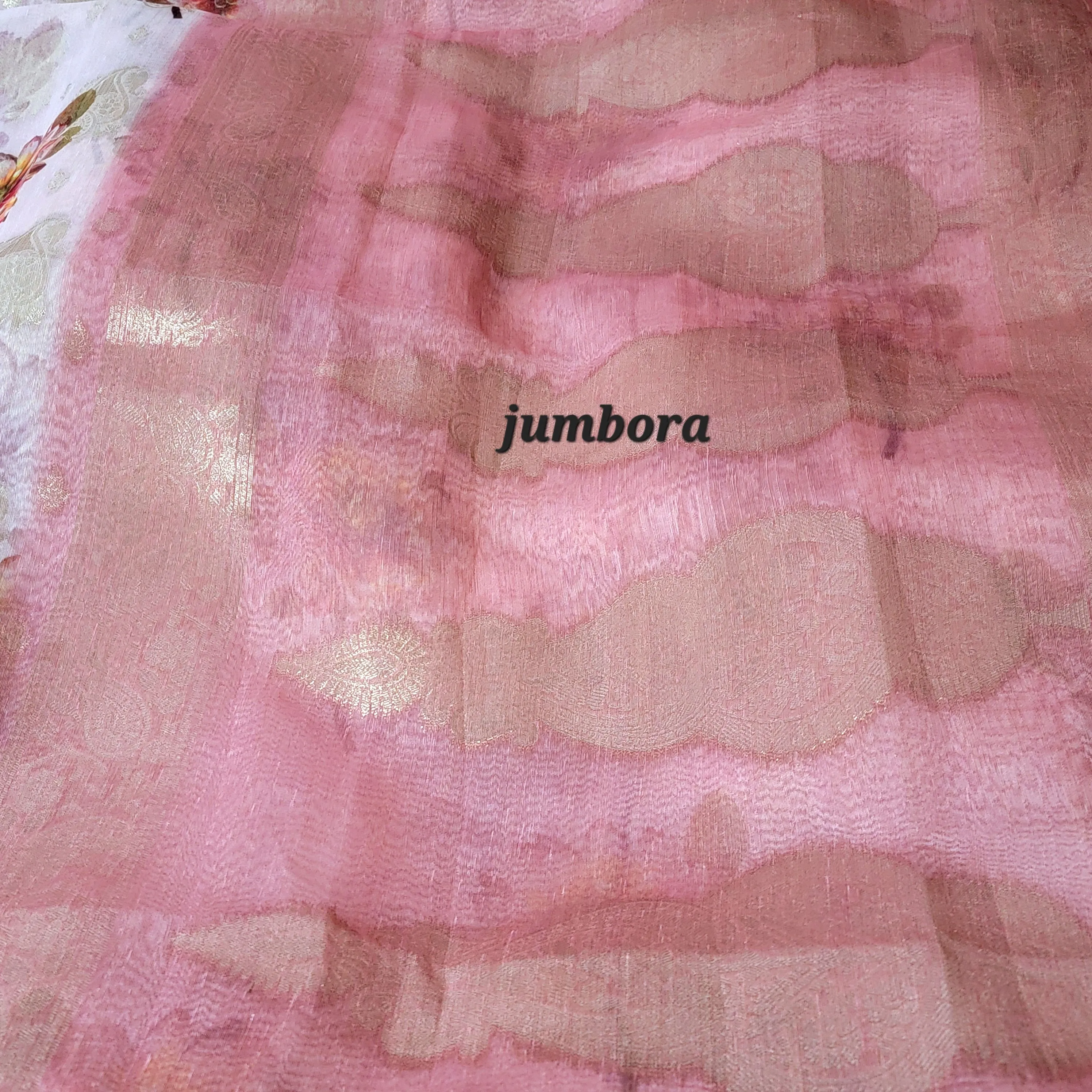 Light Pink Floral Kora Banarasi Saree with Stitched Blouse