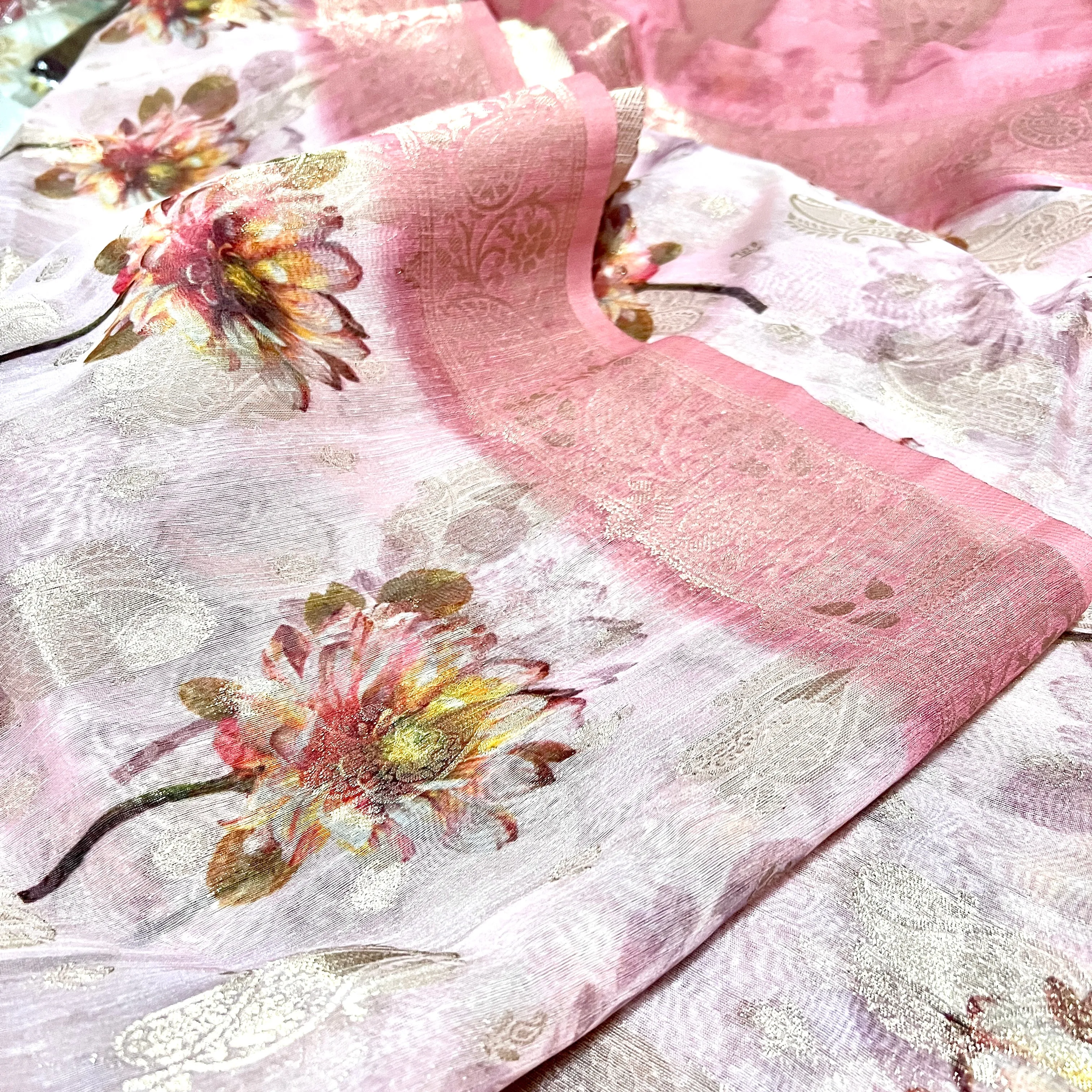 Light Pink Floral Kora Banarasi Saree with Stitched Blouse