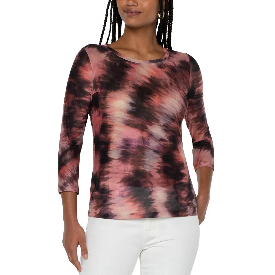 Liverpool 3/4 Sleeve Printed Mesh Crew Neck Knit Top